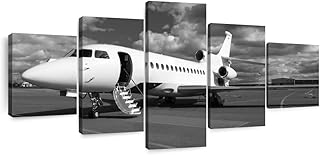 ElephantStock - Boarding Private Jet Wall Art - Horizontal Multi Panel Canvas - 5 Piece Living Room Wall Decor - Photography Transportation Multi Piece Wall Art - Gray And White Decor - 68" x 30"
