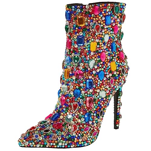 Kluolandi Womens Jeweled Ankle Boots with Zipper Pointed Toe Stiletto High Heel Booties for Women