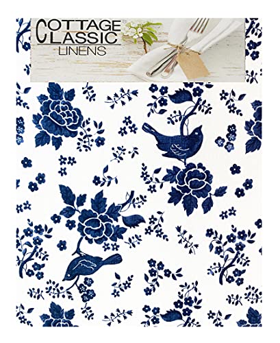 Lintex Summer Blue Bird Floral Toile Indoor/Outdoor Fabric Tablecloth - Garden Grove Toile Stain Resistant Tablecloth, 70” Round #TOP1