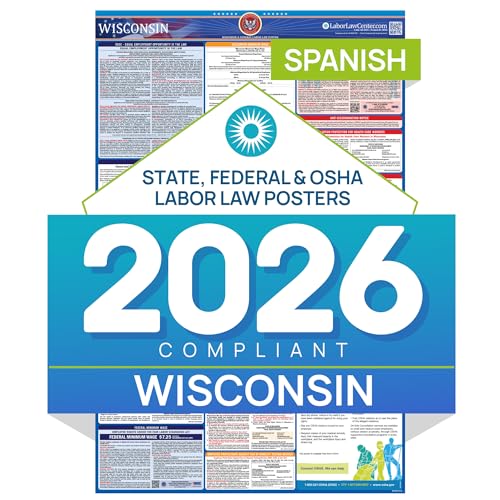 Image of 2026 Wisconsin Labor Law Poster - State & Federal Compliance in Spanish - OSHA, EEOC, FMLA, Minimum Wage - Durable, Laminated & Waterproof Workplace Employment Poster - Made in USA - 26 inch x 39.5 inch