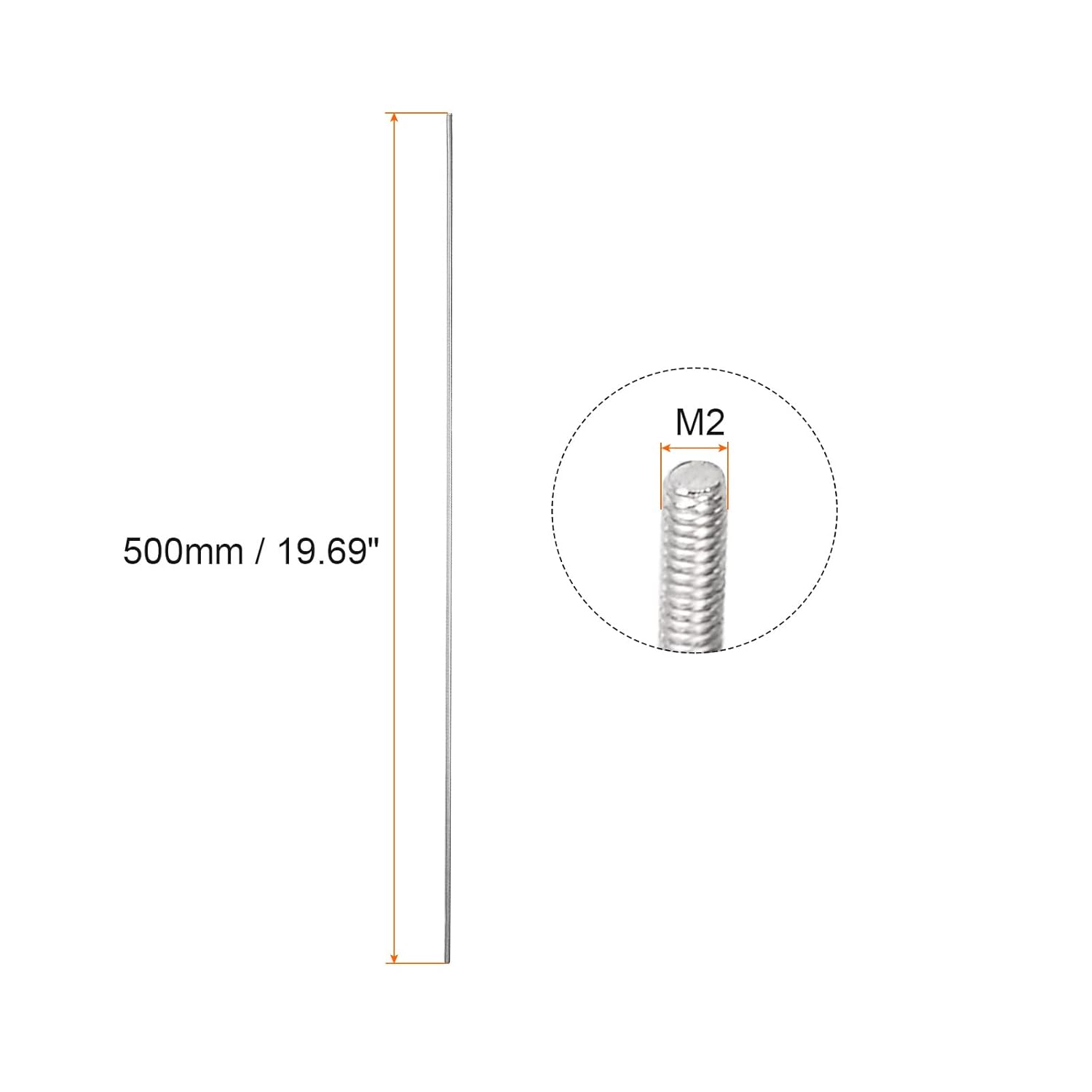 Fully Threaded Rod 304 Stainless Steel Right Hand Rod Bar Studs, [for Clamps and U-Bolts] - M20 x 500mm Male Threaded/Silver