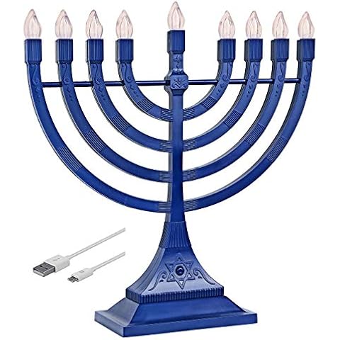 Electronic Hanukkah Menorah Powered by Batteries or USB 4' Cable Included Flameless Chanukkah Candles LED Flame Shaped Bulbs Chanukah Decorations by Zion Judaica (Blue) Cover
