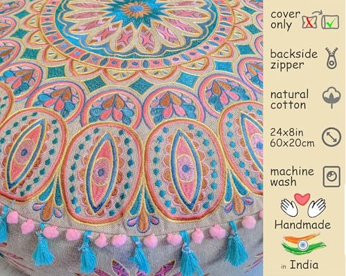 Mandala Life ART Moroccan Large Floor Pillow Cover with Tassels and Ponpon Bedroom Décor Round Pouf Ottoman Boho Chic Seating Area Beanbag Footstool Stool Cotton 24x8 Unstuffed