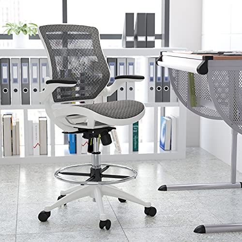 Image of Flash Furniture Waylon Mid-Back Swivel Office Chair with Adjustable Foot Ring and Seat Height, Ergonomic Mesh Chair with Armrests, Gray /White