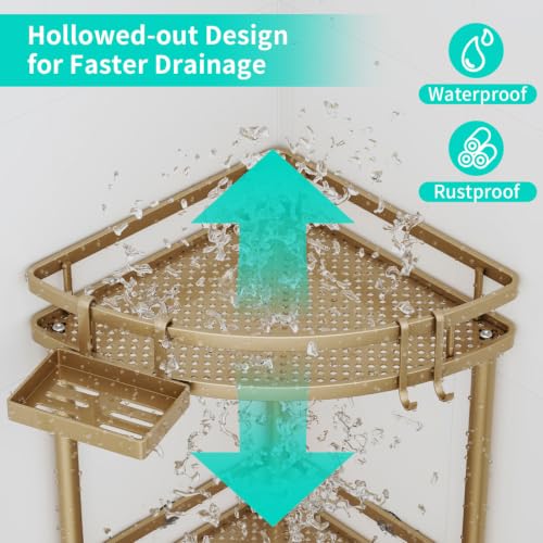 Image of HapiRm Standing Corner Shower Caddy - 3 Tier Shower Organizer Corner with Soap Holder and 4 Hooks, Rustproof Bathroom Storage Shelves with Adhesives, Gold