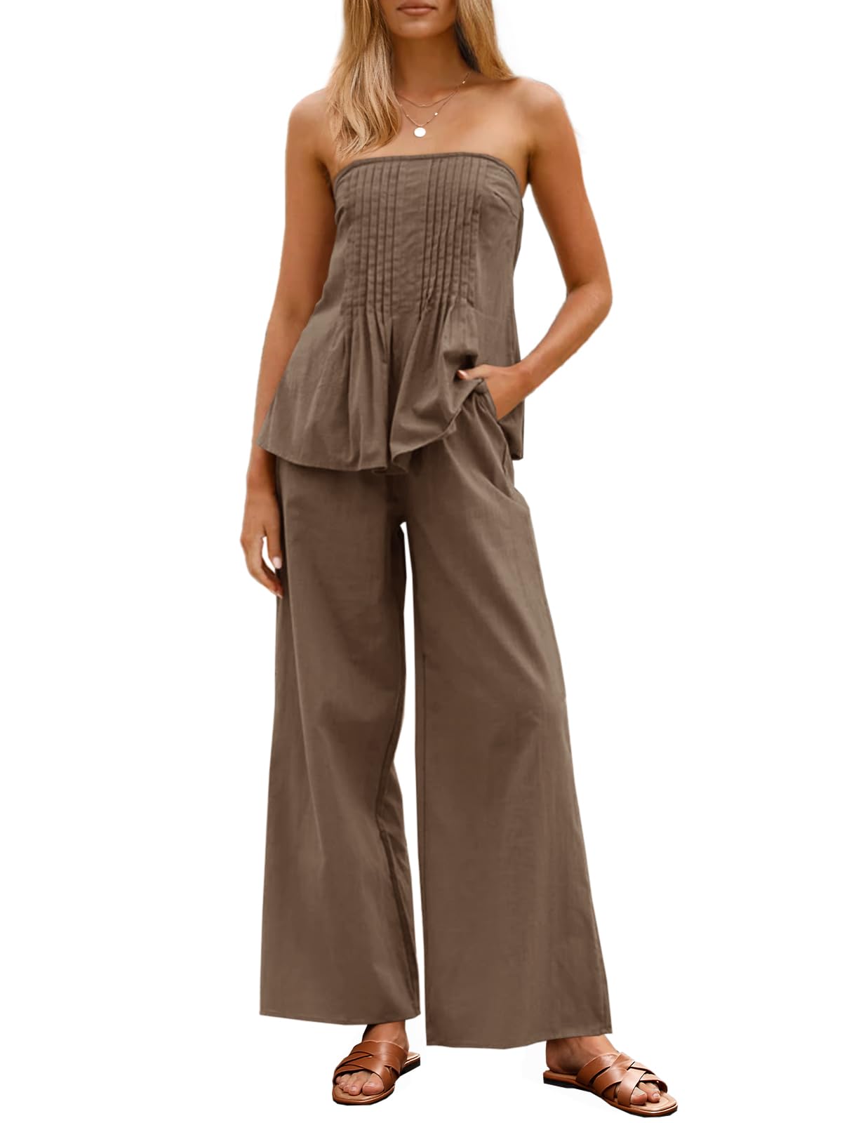 Photo 1 of ***STOCK PHOTO FOR REFERENCE ONLY, MISSING TOP***Tankaneo Womens 2 Piece Outfits Summer Strapless Tube Tops Wide Leg Pants Cotton Vacation Pleated Matching Lounge Set SIZE 2