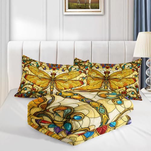 Image of AILONEN Twin Comforter Set 3 Piece, Golden Dragonfly Floral Mosaic 3D Printed Bedding with 2 Pillowcases, Soft Lightweight Microfiber Artistic Decor for Compact Bedroom