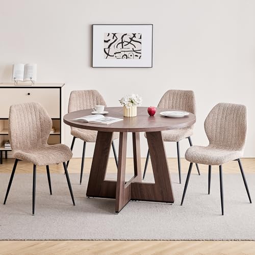 Image of 47 inch Round Dining Table Set for 4, Kitchen Table and Chairs | Wooden Cross Base, Boucle Fabric Chair, for Apartment