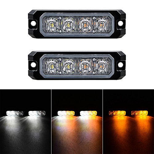 White Amber Warning Lights Waterproof Emergency 4 LED Beacon Hazard Strobe Lamps 11 Modes Ultra Slim Bar Safety Flashers (2X)