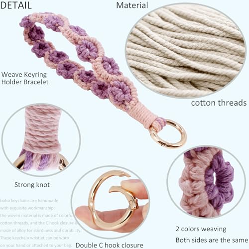 BIHRTC Boho Wristlet Bracelet Wallet with Handmade Net Chapstick Holder Handmade Daisy Flower Keychain Wrist Lanyard Keyring Floral Bangle Keychaind for Women Car Key Keyring Holder — view 3