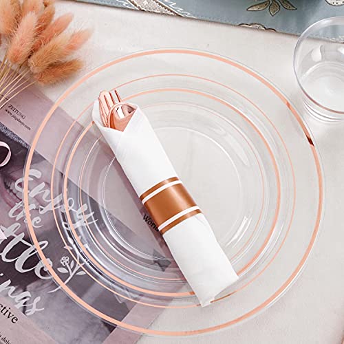 I00000 210 Pcs Rose Gold Plastic Plates With Silverware, Clear Disposable Dinnerware Includes: 30 Dinner Plates 10.25" 30 Dessert Plates 7.5" 30 Cups 30 Per Rolled Napkins With Cutlery For Party #TOP3