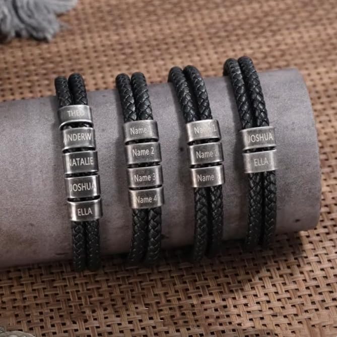 Miniatura 6 de Pulsera personalizada con nombre para hombre, pulsera de cuero personalizada para hombre con 2-5 cuentas vintage grabadas con nombres de familia,