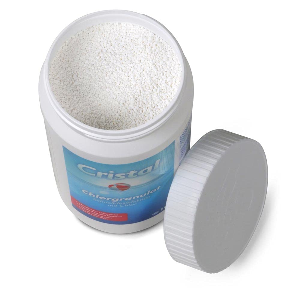 Cristal Pool Set - 20 g Chlor MultiTabs 1 kg - Chlorgranulat 1 kg - pH-Senker 1,5 kg Teststreifen 50 STK.- Dosierschwimmer - inkl. Pflegebroschüre