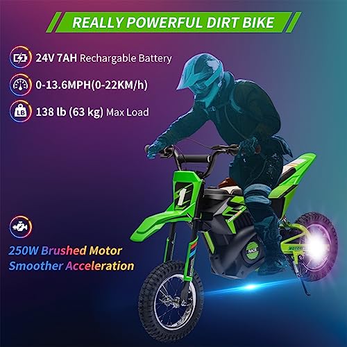 24V 7ah Kids Ride on Motorcycle,13.6MPH Fast Speed Electric Battery-Powered Off-Road Motocross with 250W Strong Motor, Chain-Driven,Leather Seat,Disc Brake,Air-Filled Tires (Green)