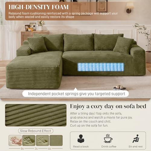 Image of 95 inch L Shaped Cloud Boneless Sectional Couches for Living Room, Modern Comfy Modular Deep Seat Memory Foam Compressed Corduroy Sofa Oversized Left Facing Chaise, No Assembly Required, Green