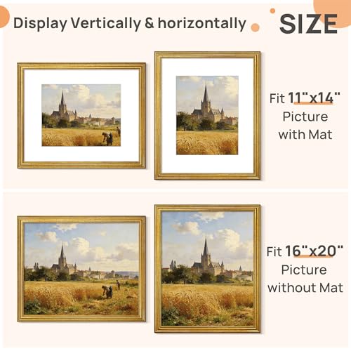 Image of upsimples Vintage 16x20 Frames, Antique Gold Frames Display 11x14 with Mat or 16x20 Picture Without for Vertical or Horizontal Wall Decor, 1pack | Fit 11x14 and 16 x 20 Poster, Wall or Tabletop Display, Antique-style Decoration, Rustic Farmhouse Decor, For Weddings