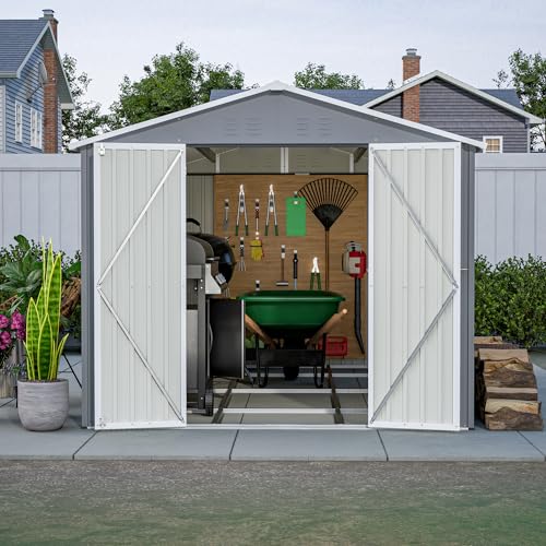 Image of YOPTO 8x12 FT Outdoor Storage Shed W /Floor Frame,Metal Shed W /Double Lockable Doors,Garden Tool House W / 2 Vents & Sloped Roof,for Backyard Patio Lawn,Gray