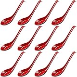 12 cucharas asiáticas para sopa con gancho, rojo y negro para el hogar y la cocina