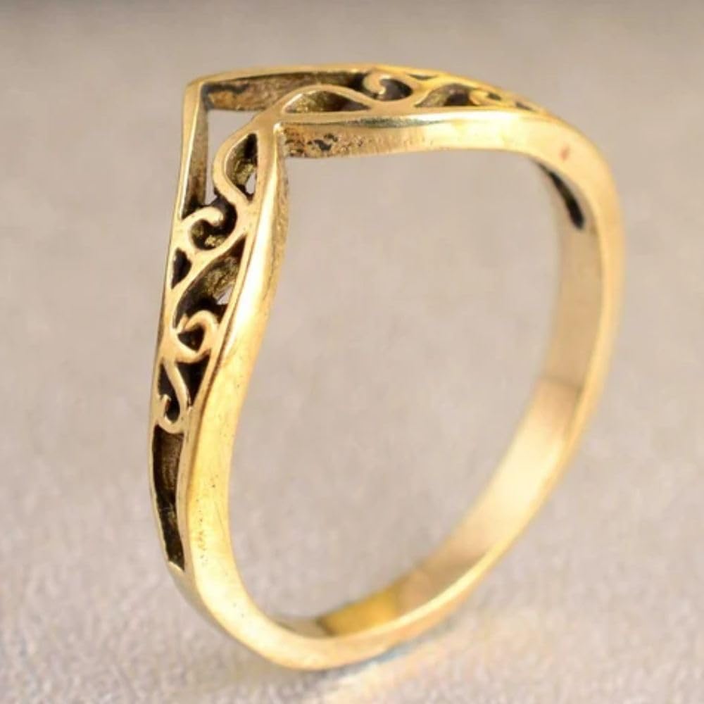 SilverDia 14K Yellow Gold Plated Vintage Chevron Filigree Art Deco Curved Wedding Band For Women V Shape Stacking Matching Anniversary Band 925 Sterling Silver Handmade Edwardian Artistic Jewelry