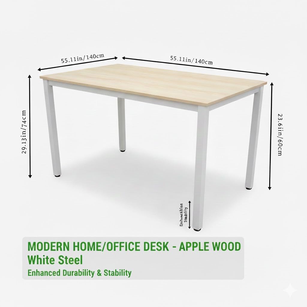 47 inch Large Computer Desk Wood, Modern Simple Style Desk for Home Office, Bedroom, Study Student Writing Desk, Small Spaces, White Metal Frame, Apple Wood Grain Top