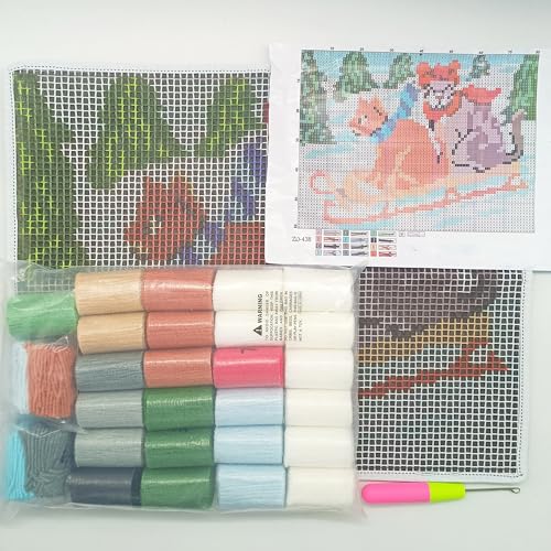 Image of Howie's Latch Hook Kits for Adults, DIYCats-Ski Latch Hook Kit Rug Crochet Yarn, Color Preprinted Pattern Embroidery Decoration(Cats-Ski, 19.69 x 14.96 inch)