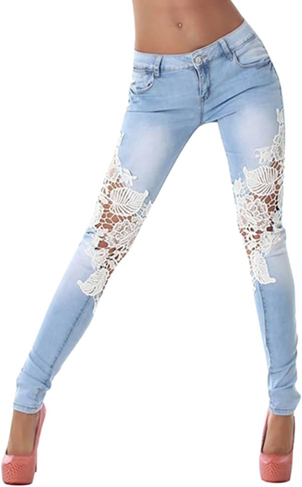 Women's Slim Skinny Lace Crochet Stretch Denim Jeans Pants Trousers (L, Light Blue)