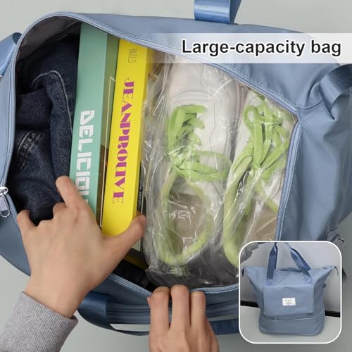 Image of Large Capacity Folding Travel Tote Bag, Oxford Fabric Waterproof Lightweight Foldable Travel Duffel Bag, Portable Expandable Travel Bag, Dry and Wet Separation Carry On Bag for Airplanes (Light Blue)