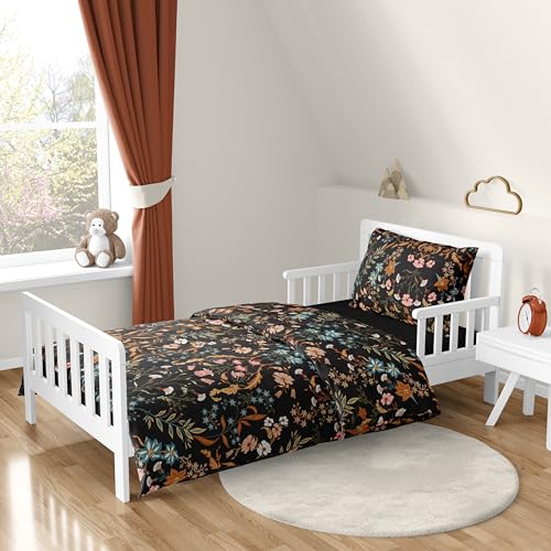Sweet Jojo Designs Boho Wildflower Vintage Floral Girl Toddler Bedding Set 5p Bed in a Bag Comforter Blanket Pillowcase Sham Sheets Black Orange Teal Bohemian Farmhouse Botanical Paisley Cottagecore