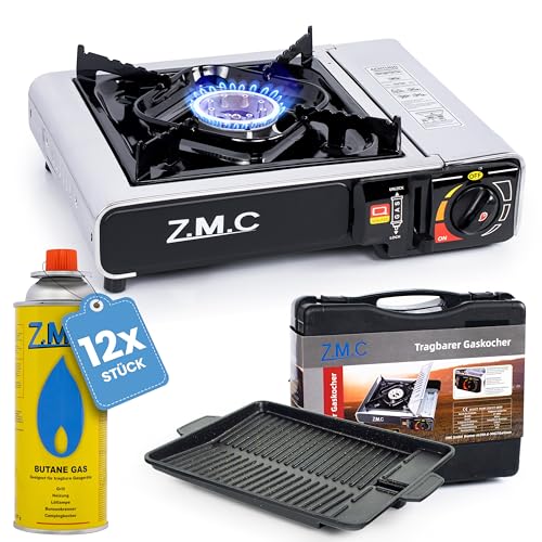 Z.M.C Edelstahl Gaskocher 1-flammig + Aufbewahrungskoffer + Grillplatte 33x26x4 cm, mit 12x Gaskartuschen 227g, Campingkocher für Outdoor und Innenraum, Campinggaskocher 2,2 kW, mit Piezozündung