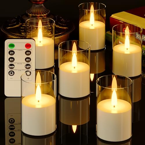Image of VIODAIM 6Pack Flickering Flameless LED Candles with Remote & Timer, Battery Powered - Small Pillar & Votive, Clear (2 inchX3 inch) | Small Pillar & Votive Candle with Realistic Flickering Warm Glow for Centerpieces, Wedding Tables, Holiday, and Home Decor