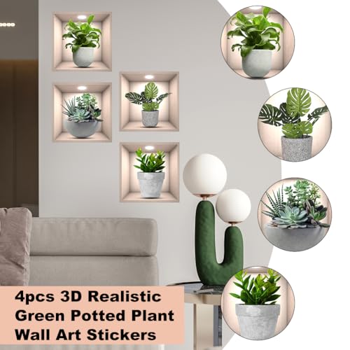 3D Green Plant Wall Stickers, 4Pcs Waterproof Vinyl Wall Art Decals - Image 4