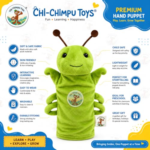 Image of Grasshopper Hand Puppet for Kids | Soft Plush Animal Puppet | Storytelling, Role Play, Preschool Learning Toy | Interactive Educational Puppet for Boys & Girls