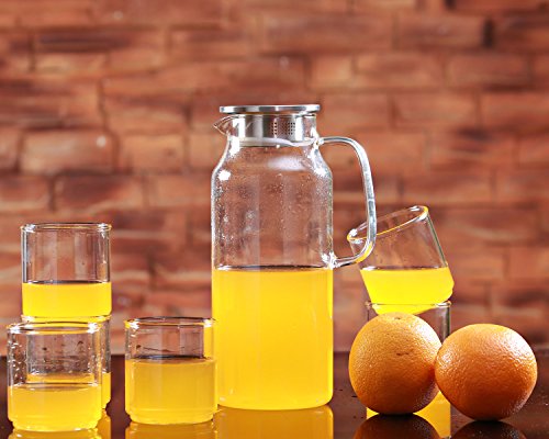Cupwind 55 oz Glass Pitcher with Stainless Steel Lid, Hot/ Cold Water Carafe with Handle, Juice and Ice Tea Pitcher