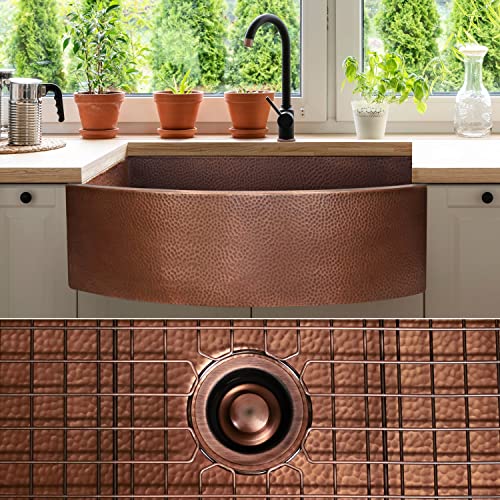Fsw1107 Lux 33-Inch Heavy 12-Gauge Medium Patina Copper Farmhouse Sink, Includes Accs, Curved Front #TOP29
