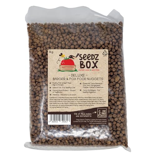 Fox & Badger Food 1kg - Dry Biscuit Nuggets Mix - For Feeding Foxes & Badgers in Gardens & Reserves - Poultry Beef & Fish Meal White Rice Chicory Root Salmon Oil Wheat and Peas - Seedzbox