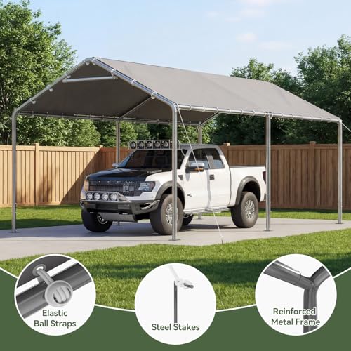 Image of Aoxun 10x15 Carport Heavy Duty Carport Potable Car Canopy Garage, Gray