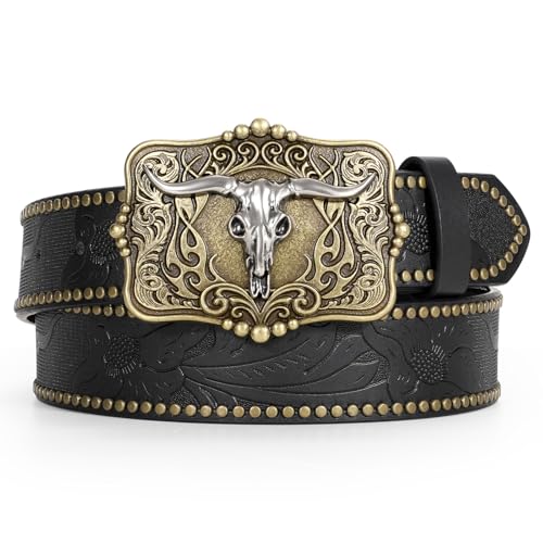 Cowboy Genuine Leather Belt – Engraved Buckle, Western Style for Men and Women