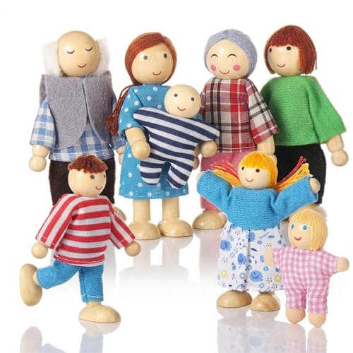 Jzszera Wooden Doll House People of 8 Figures Dolls Family Set for Girls Toddler Kids Dollhouse Accessories Toy