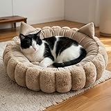24 Inch Round Cat Beds for Indoor Cats, Cute Plush Kitty Bed with Cat Ears, Calming Cat Donut Bed with Supportive Cushion, Washable Cat Bed for Indoor Cats, Kitten Bed, Large Cat Bed