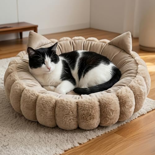 24 Inch Round Cat Beds for Indoor Cats, Cute Plush Kitty Bed with Cat Ears, Calming Cat Donut Bed with Supportive Cushion, Washable Cat Bed for Indoor Cats, Kitten Bed, Large Cat Bed