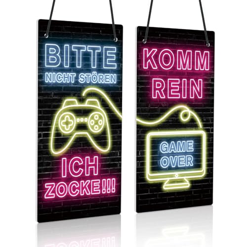 Putuo Decor PVC Gamer Türschild Ich zocke/Komm rein – Beidseitiges Schild im Neon-Design für Zockerzimmer oder Streaming-Raum