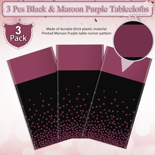 Image of 3Pcs Black and Maroon Purple Tablecloth Party Decorations,Plastic Black Table Cloth Printed Maroon Purple Table Runner Disposable Rectangle Table Cover for Birthday Wedding Graduation Party,54x108Inch