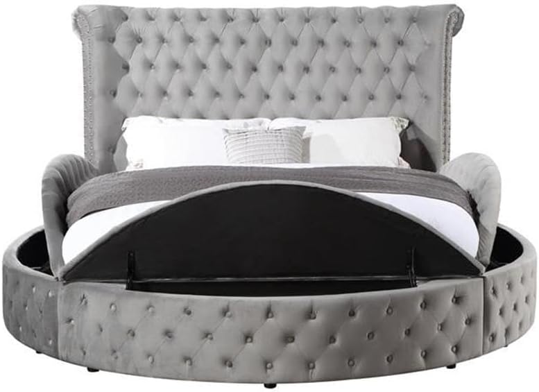 Acme Gaiva Eastern King Bed with Storage in Gray Velvet