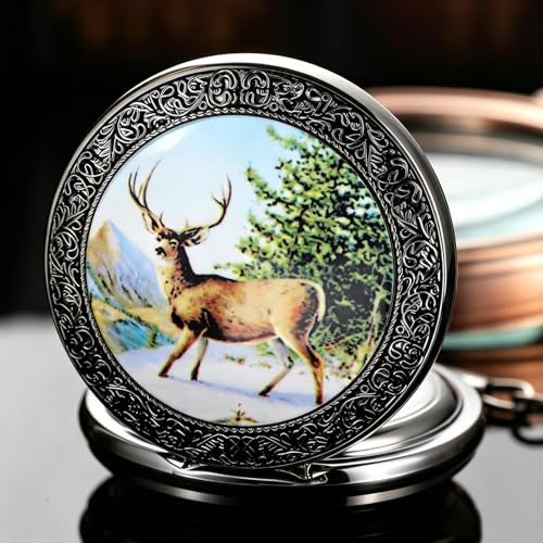 Image of Deer Pocket Watch for Men Pocket Watches with Chain Gift for Father's Day | Vintage Deer Case Pocket Watch Mens Quartz Watches with Chains Christmas Graduation Birthday Gifts Fathers Day