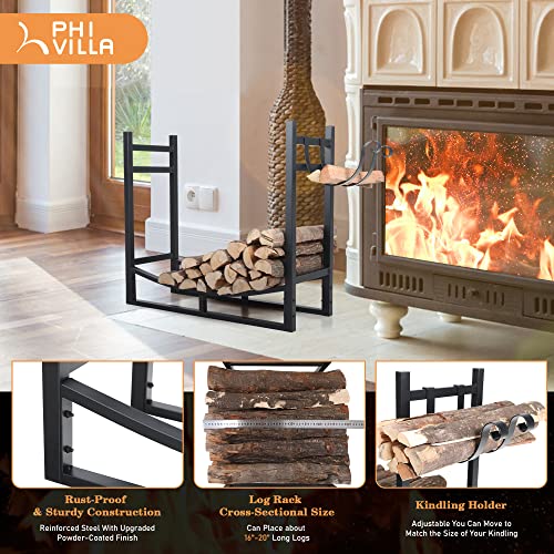 Phi Villa Heavy Duty Firewood Racks Indoor/Outdoor Log Rack With Kindling Holder, 30 Inches Tall, Black #TOP1