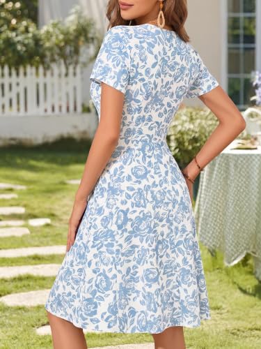 Image of MSBASIC Womens Summer Wrap V Neck Casual Dresses Floral Short Sleeve A-Line Midi Sundress