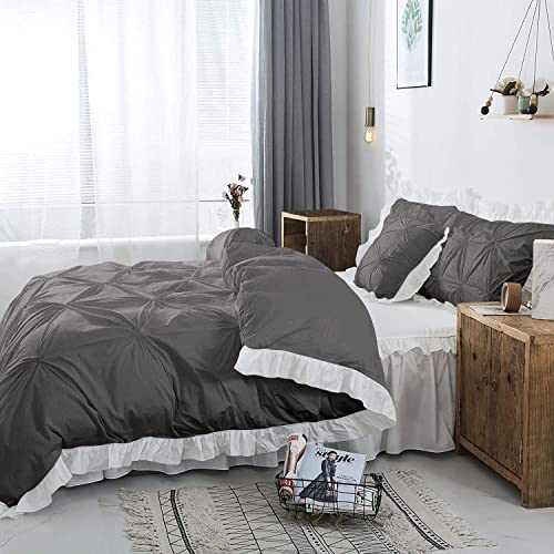 Image of 300 TC Pinch Ruffle 2 Tone Duvet /Razai /Blanket Cover with 2 Pillow Cover- 100% Cotton (Zipper Closure) Razai Cover 3 PC Set, Soft & Lightweight-Queen Size White /Dark Grey