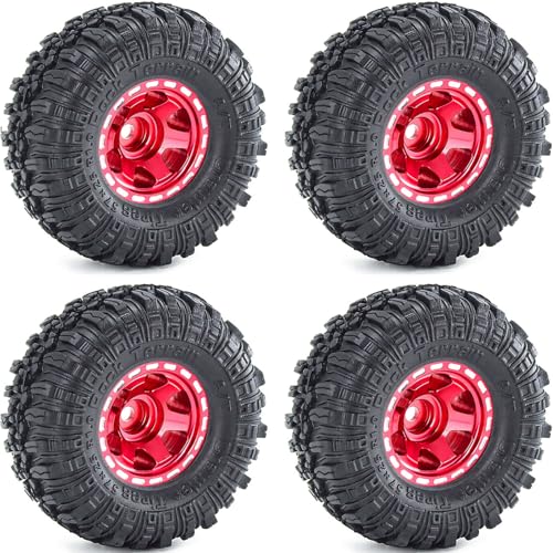 RcThjia 1.0 Beadlock Wheels and Tires Set 57 x 24 mm 1.0 inch Rubber Rock Crawler Tires & Alloy Blade Wheels for 1/18 1/24 Axial SCX24 TRX4M Gladiator Bronco C10 JLU Deadbolt RC Crawler Upgrade (Red) — view 5