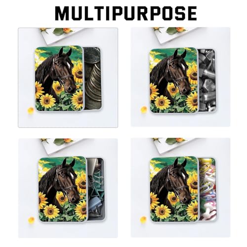 Image of Metal Tin Box with Lid for Game Cards Home Large Organizer Candles Keys Crafts Storage - Comes with 4 Magnetic Cord Clips，Horses and Sunflowers