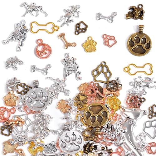 stino 100g Metal Dog Paw & Bone Charms for Jewelry Making Bulk Puppy Charms for Braclet Necklace Crafts (Dog Mixed Color)